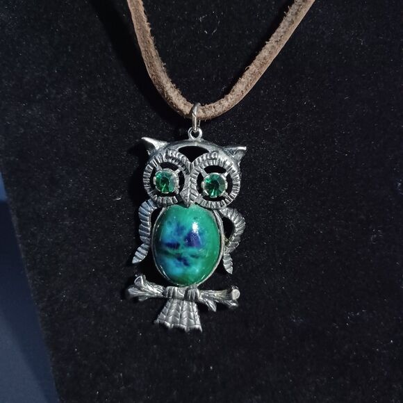 Vintage Silver-Tone Owl Pendant on Brown Suede Cord, 18" - Picture 2 of 3